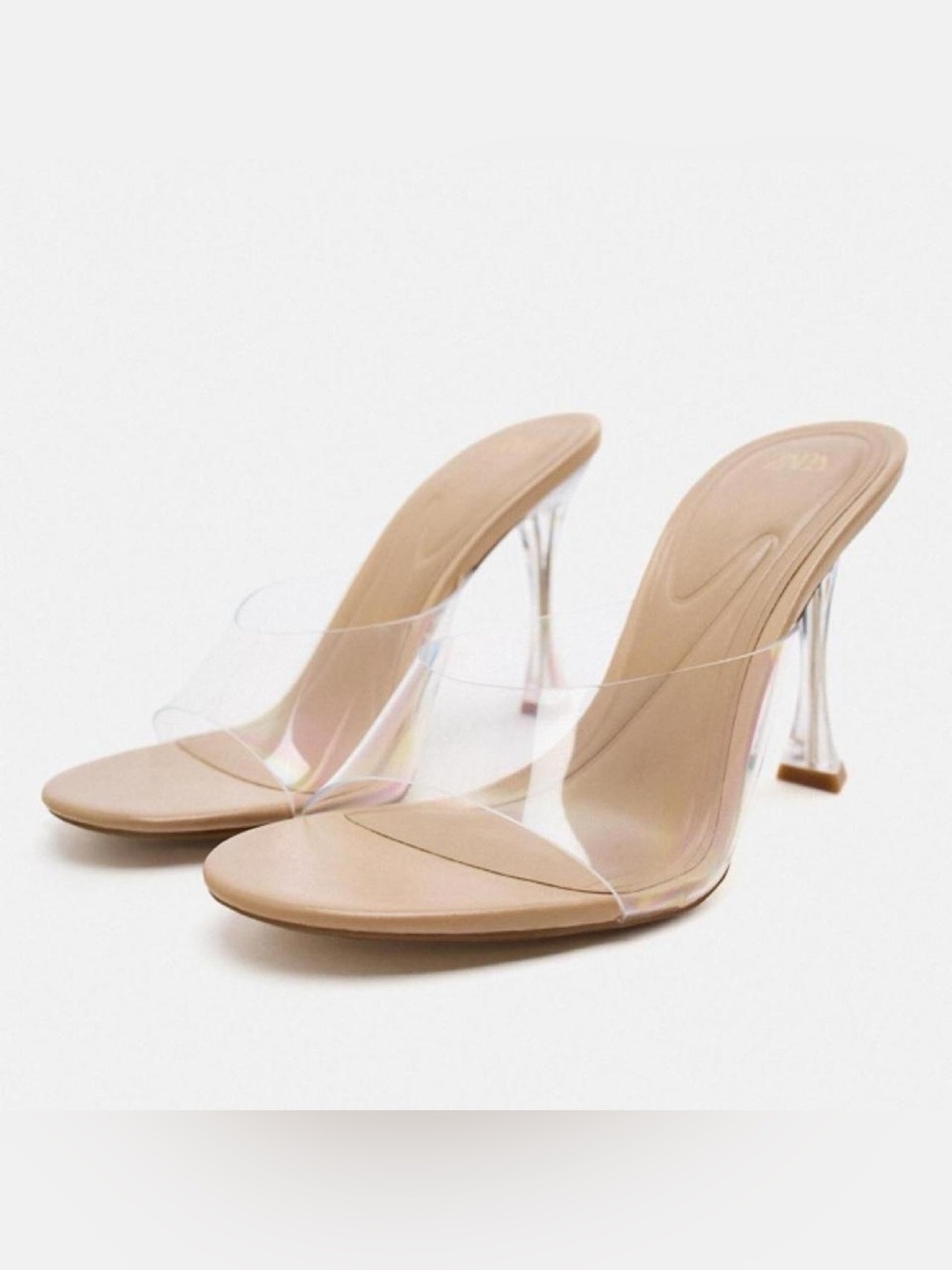 Zara Clear Vinyl Heeled Mules Tan Nude Architectural Heels Size 37